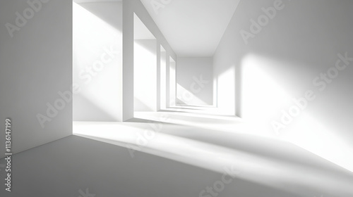 Sunlit minimalist white corridor interior.