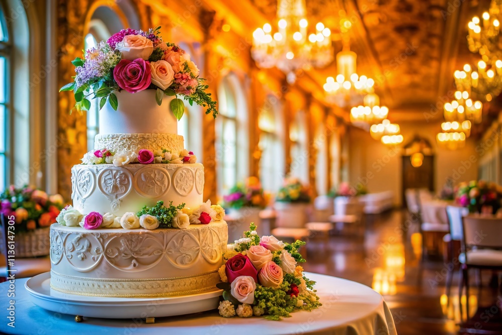 Naklejka premium Grand Ballroom Wedding Cake Photography: Candid Shot, Elegant Dessert, Wedding Reception Decor