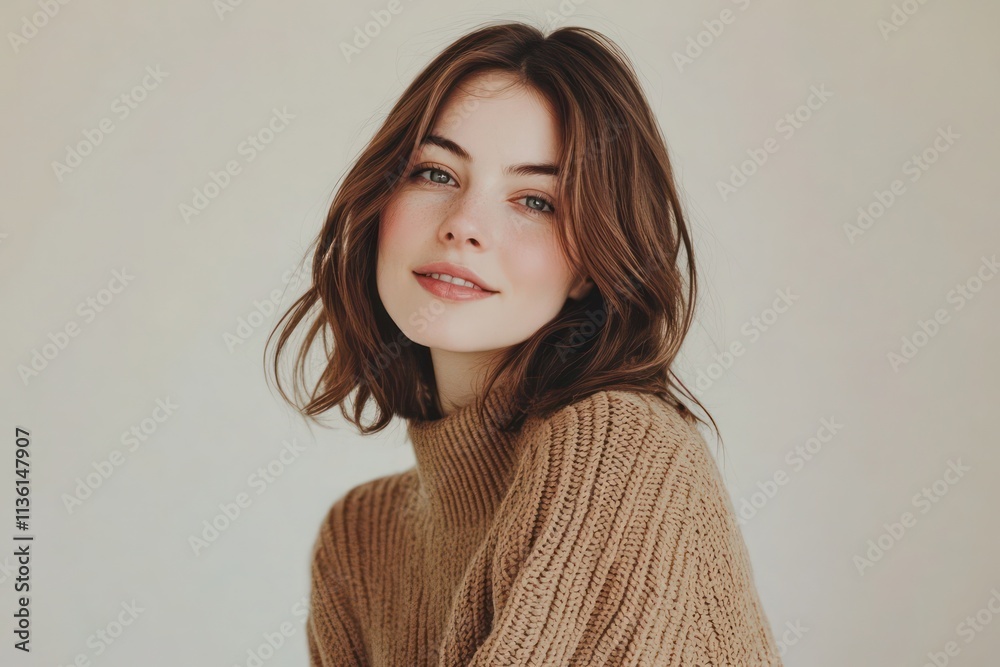 Young pretty smiling girl portrait wearing warm sweater Mocha Mousse colored image