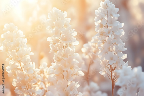 Sunlit white flowers in a field at sunset.