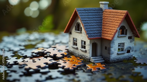 Concept of owning a home or completing a home purchase. Toy house and missing puzzle pieces