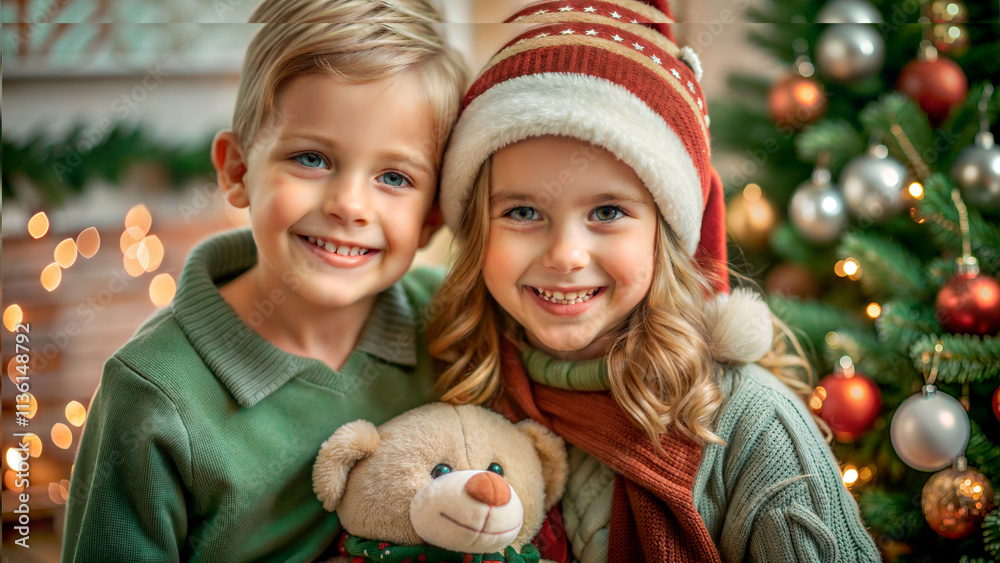 Two cheerful children posing with a teddy bear in a festive holiday setting Two cheerful children posing with a teddy bear in a festive holiday setting