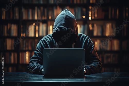 Hacker prints a code on a laptop keyboard to break into a cyberspace photo