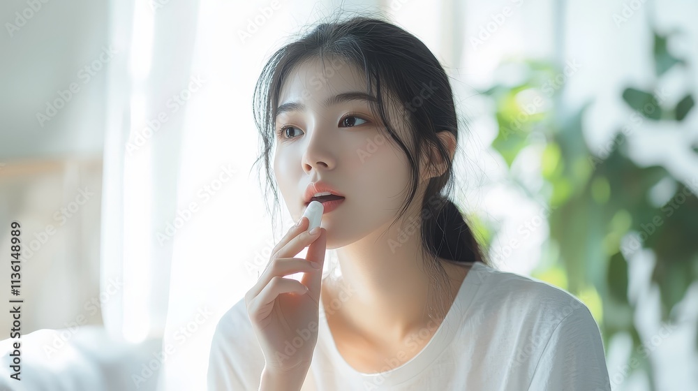 Young woman applying lip balm indoors Young woman applying lip balm indoors