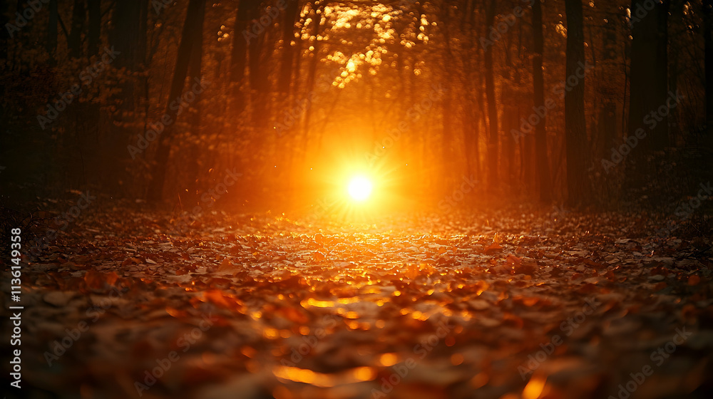 Fototapeta premium Sunset light illuminating autumn forest path.