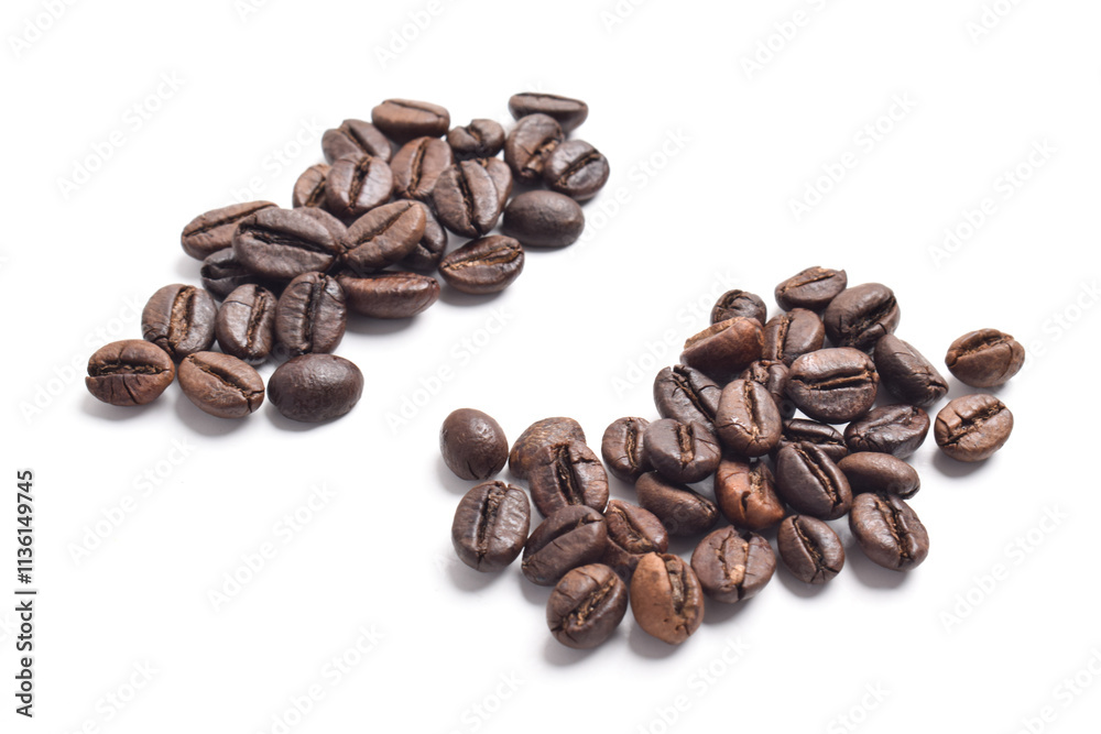 Many roasted coffee beans isolated on white background, top view Many roasted coffee beans isolated on white background, top view