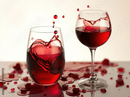 Two glasses of red wine with an abstract heart-shaped splash , romance,glasses,splash