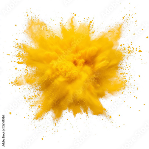 Holi paint yellow powder explosion colored isolated on white background