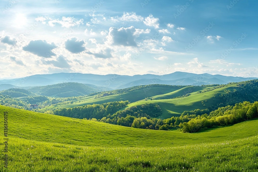 Fototapeta premium panorama of beautiful countryside of romania. sunny afternoon. wonderful springtime landscape in mountains. grassy field and rolling hills. rural scenery