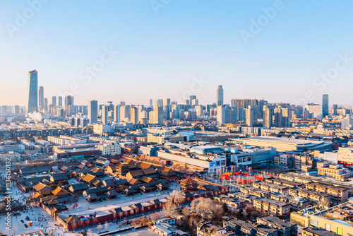 Aerial Dusk View of Shenyang Imperial Palace and city skyline in Shenyang, Liaoning Province, China