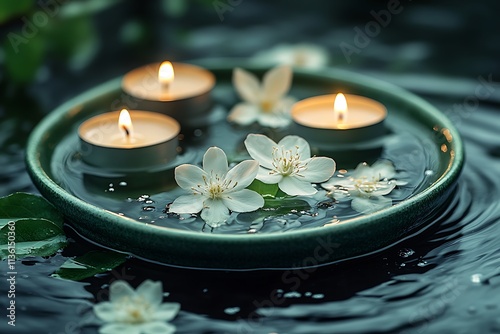 Bowl of spa water with flowers and candles