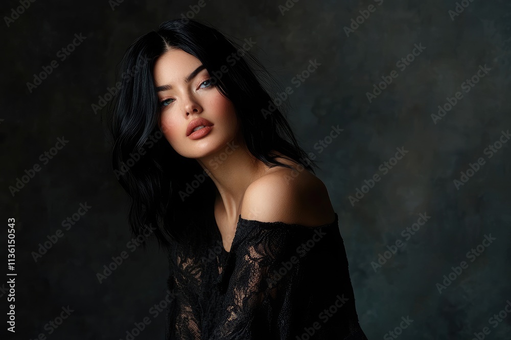 Elegant Woman Posing in Black Lace Dress Elegant Woman Posing in Black Lace Dress