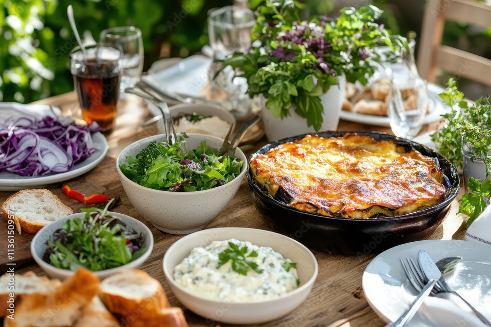 A vibrant outdoor dining table set with various dishes and fresh ingredients for a meal.