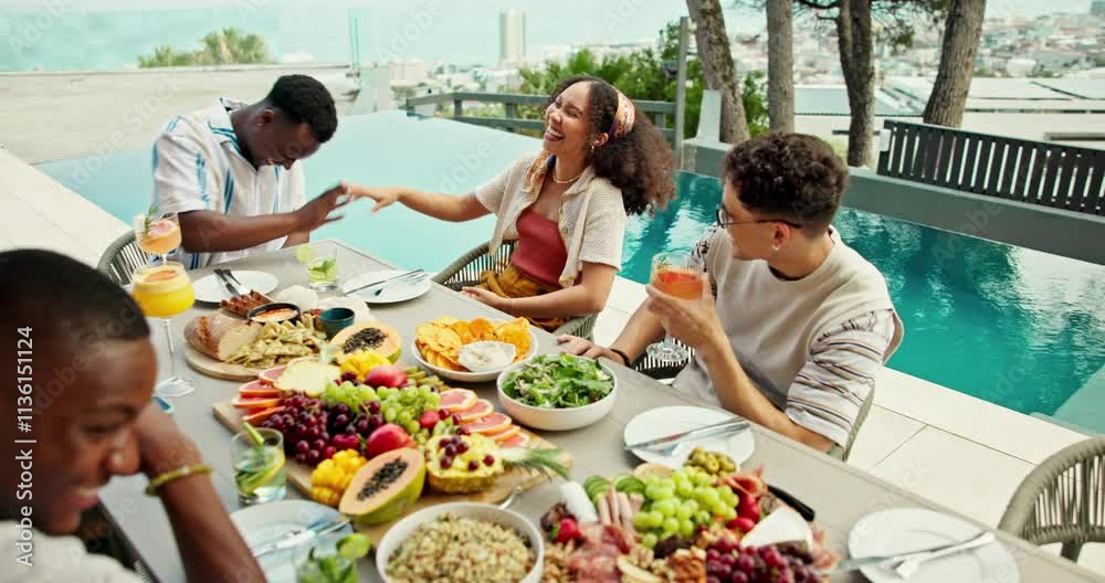 Friends, people and laughing with high five at dinner for funny conversation, celebration or bonding together. Poolside, relax and thanksgiving lunch with food, support and holiday social gathering Friends, people and laughing with high five at dinner for funny conversation, celebration or bonding together. Poolside, relax and thanksgiving lunch with food, support and holiday social gathering