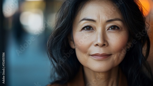 Elegant mature woman with dark hair against bokeh.