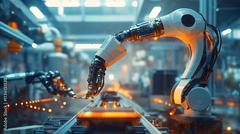 A robotic arm in an industrial factory is making car parts on the production line. A robotic arm in an industrial factory is making car parts on the production line.