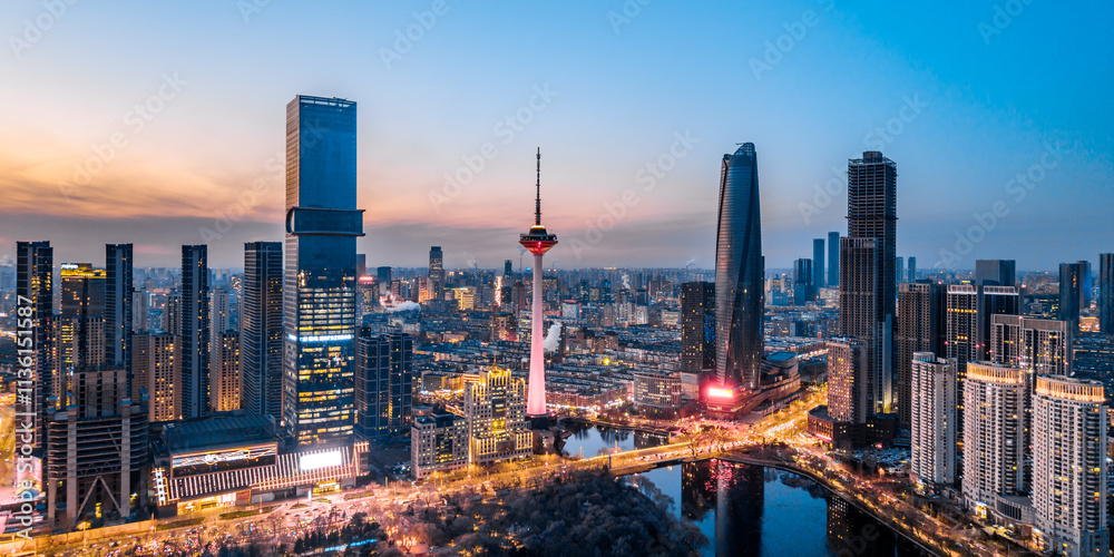 Fototapeta premium Aerial Night View of City Skyline in Shenyang, Liaoning Province, China
