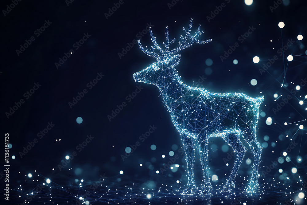 Santa's reindeer in a striking plexus style, combining traditional holiday magic with futuristic wireframe design, glowing particles, and cyber-inspired aesthetics Santa's reindeer in a striking plexus style, combining traditional holiday magic with futuristic wireframe design, glowing particles, and cyber-inspired aesthetics