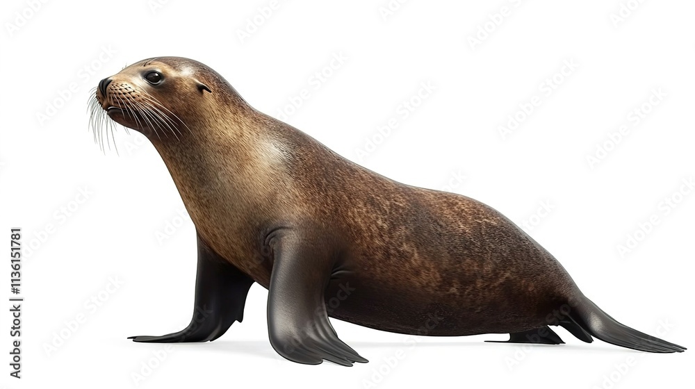 Fototapeta premium Australian sea lion, side view, full-body shot, profile on a white background.