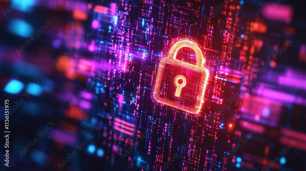 Digital padlock icon on a digital data stream background with glowing light effects and bokeh lights Digital padlock icon on a digital data stream background with glowing light effects and bokeh lights