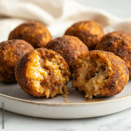 Crispy arancini rice balls with cheesy and meaty filling served on a white plate for a savory italian appetizer dish