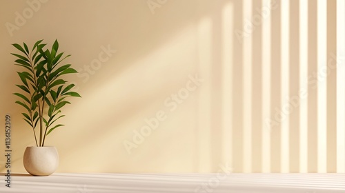 A serene indoor scene featuring a potted plant beside a wall with soft light casting shadows, creating a calming atmosphere.
