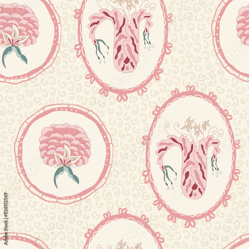 Indian chintz modern style seamless pattern. peony and tulip flower in retro frame endless background. Floral repeat cover. Farmhouse peony continuous ornament. Vector hand drawn illustration.
