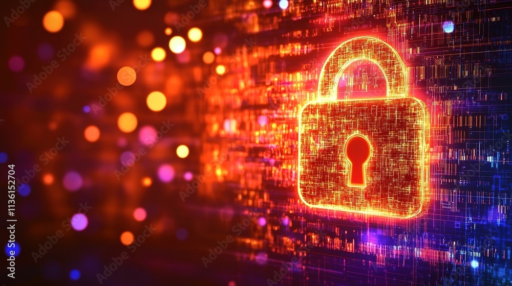 Digital padlock icon on a digital data stream background with glowing light effects and bokeh lights Digital padlock icon on a digital data stream background with glowing light effects and bokeh lights