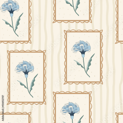 Indian chintz seamless pattern. Modern flower in vintage retro frame endless background. Floral repeat cover. Farmhouse continuous ornament with wildflower motif. Vector hand drawn illustration. photo