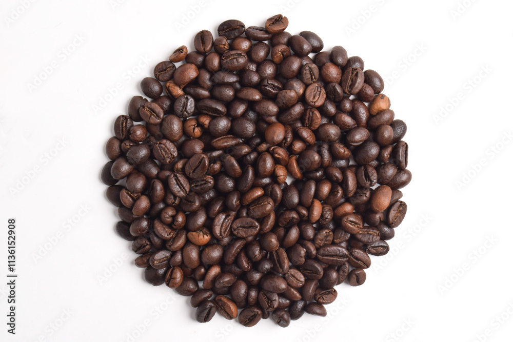 Top view of Coffee beans in circle shape isolated on white background. Top view of Coffee beans in circle shape isolated on white background.