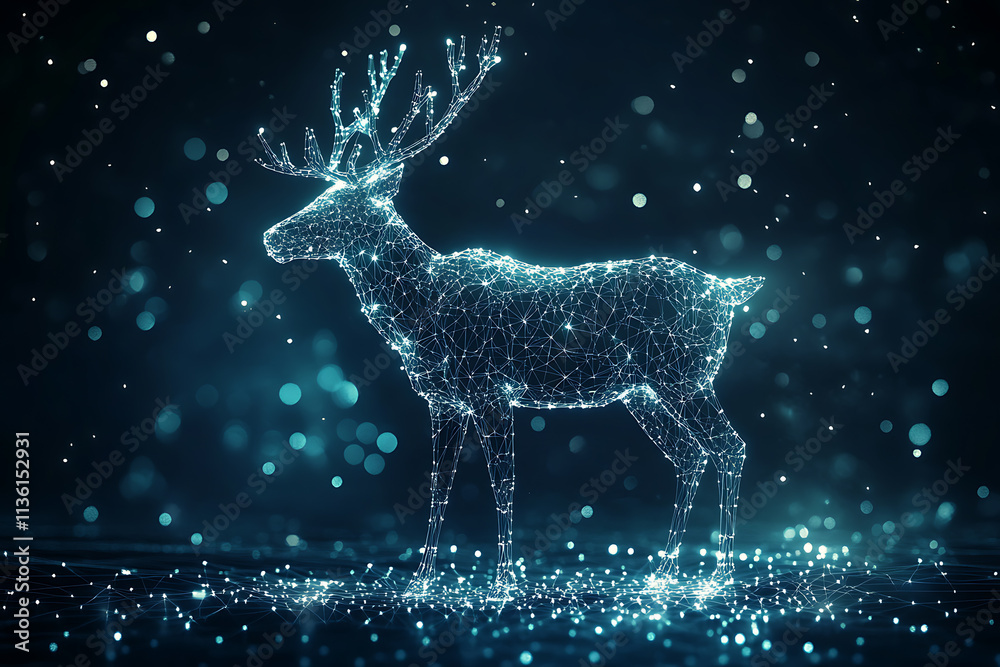 Santa's reindeer in a striking plexus style, combining traditional holiday magic with futuristic wireframe design, glowing particles, and cyber-inspired aesthetics Santa's reindeer in a striking plexus style, combining traditional holiday magic with futuristic wireframe design, glowing particles, and cyber-inspired aesthetics