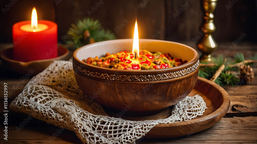 A beautifully presented bowl of kutya placed on a rustic wooden table with a candle and traditional Ukrainian cloth. Ukrainian kutya. Orthodox Christmas food A beautifully presented bowl of kutya placed on a rustic wooden table with a candle and traditional Ukrainian cloth. Ukrainian kutya. Orthodox Christmas food