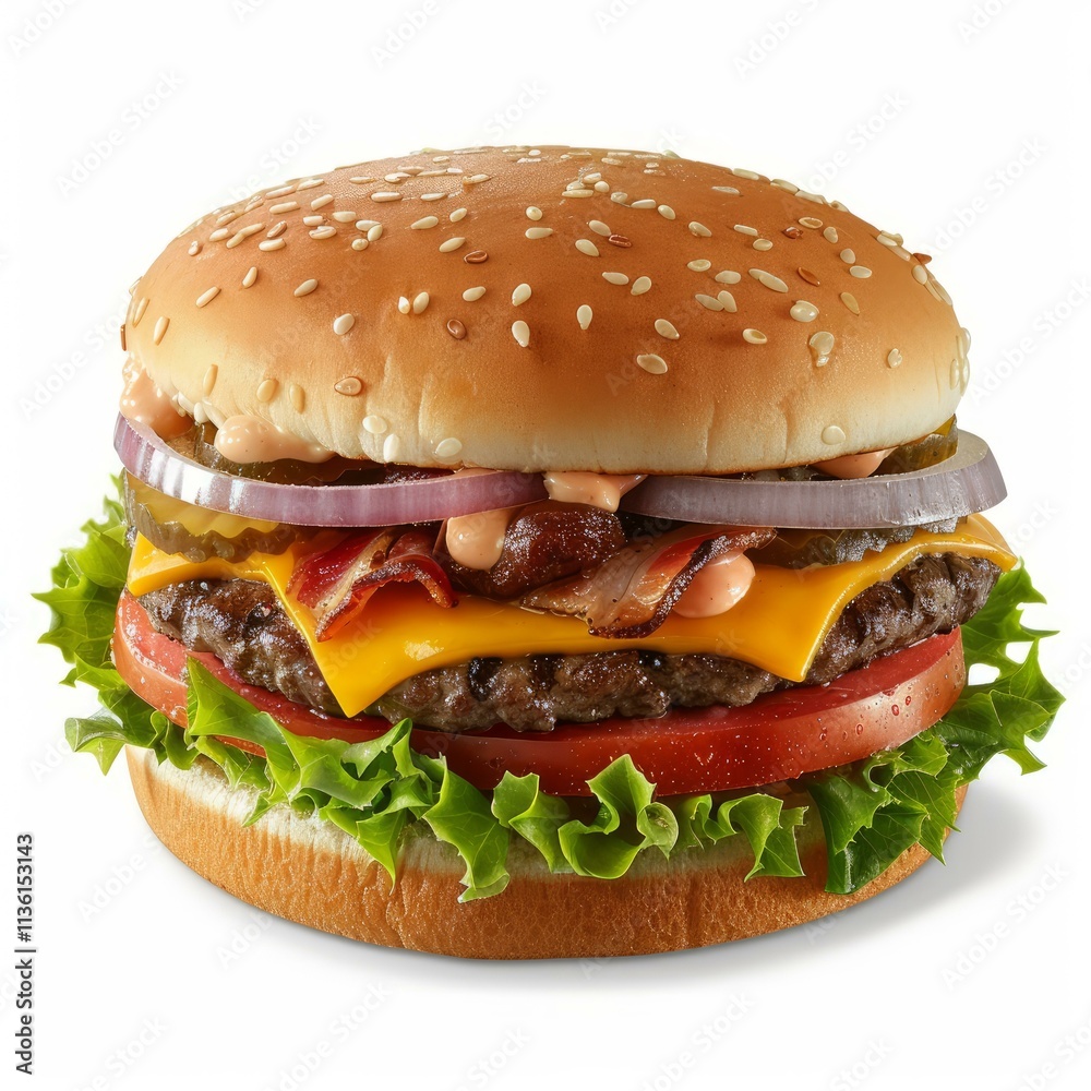 Tasty hamburger showing sesame bun, beef, bacon, cheese, lettuce, tomato, onion and pickles with mayonnaise and ketchup Tasty hamburger showing sesame bun, beef, bacon, cheese, lettuce, tomato, onion and pickles with mayonnaise and ketchup