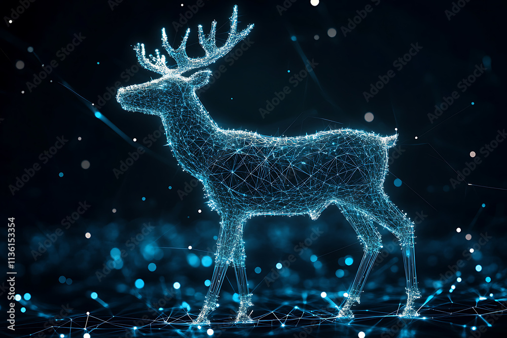 Santa's reindeer in a striking plexus style, combining traditional holiday magic with futuristic wireframe design, glowing particles, and cyber-inspired aesthetics Santa's reindeer in a striking plexus style, combining traditional holiday magic with futuristic wireframe design, glowing particles, and cyber-inspired aesthetics