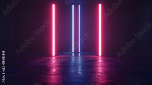 Wallpaper Mural Three vibrant neon lights illuminate a dark, reflective floor. Torontodigital.ca