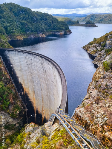 Gordon Dam in Tasmania, an impressive concrete structure surrounded by rugged cliffs and a lake in a remote wilderness