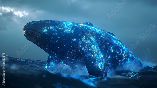 A blue whale is swimming in the ocean with a blue light surrounding it photo