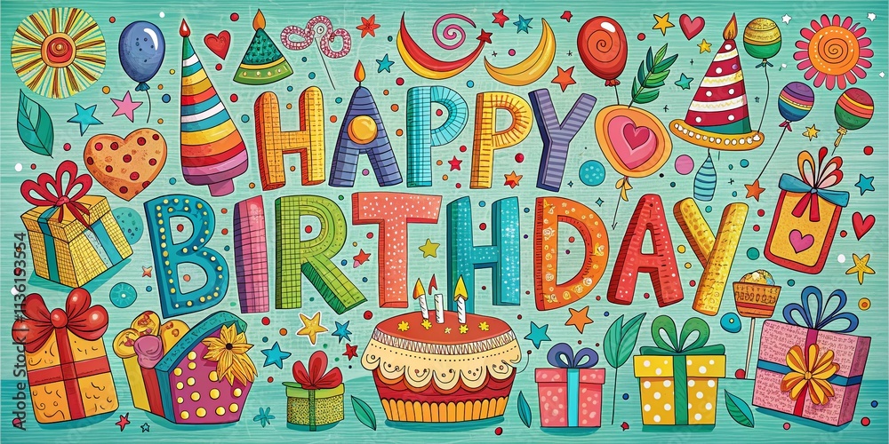 Naklejka premium Happy Birthday Drawing Images, Cute Birthday Illustrations, Colorful Birthday Card Designs, Birthday Party Drawing, Kids Birthday Drawings, Free Printable Birthday Drawings