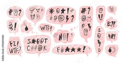 Swear communication speech bubbles. Negative abstract crayon doodle text. Bad bulling expression on chat dialog boxes. Strong language. isolated on white background. Vector hand drawn illustration