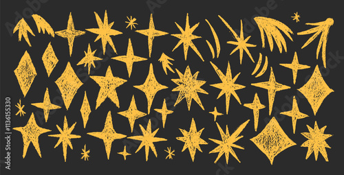 Sparkles stars doodle set. Crayon blings pack on chalkboard. Comets and blinking on night sky by chalk. Vector hand drawn y2k celestial shapes by pencil illustration isolated on black background.