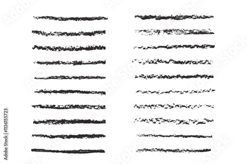 Lines crayon set. Charcoal black brush stroke doodle isolated on white background. Underline pencil elements. Scribble long textured grunge highlight. Vector sketch strips drawn by marker illustration