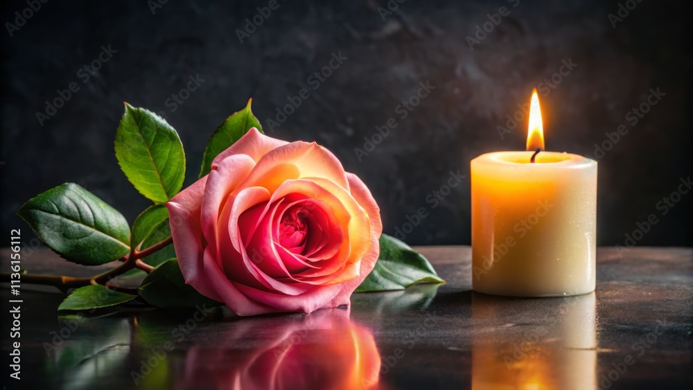 Elegant Burning Candle and Lush Rose Arrangement on a Dramatic Black Background for Romantic and Relaxing Ambiance in Product Photography Elegant Burning Candle and Lush Rose Arrangement on a Dramatic Black Background for Romantic and Relaxing Ambiance in Product Photography