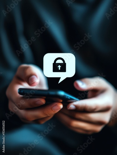 Scam crime online concept. Person holding smartphone with a padlock icon symbolizing digital security and privacy.