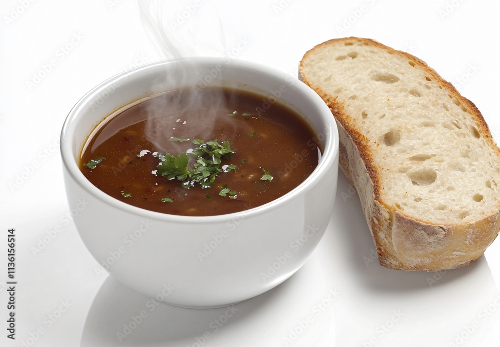 Steaming Hot Soup Bowl with Crusty Bread