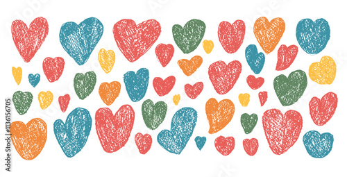 Colorful crayon hearts set. Romantic elements. Love signs grunge icons. Textured childish vector charity or kind symbols shapes drawn by pencil illustration isolated on white background.
