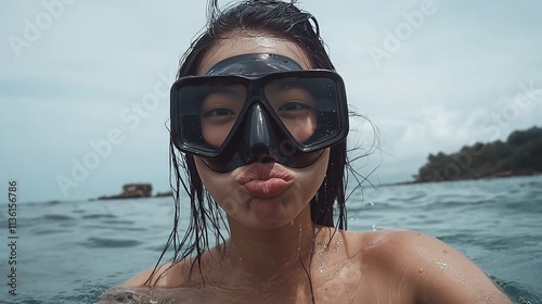 Woman in scuba mask making pouty face, ocean view.