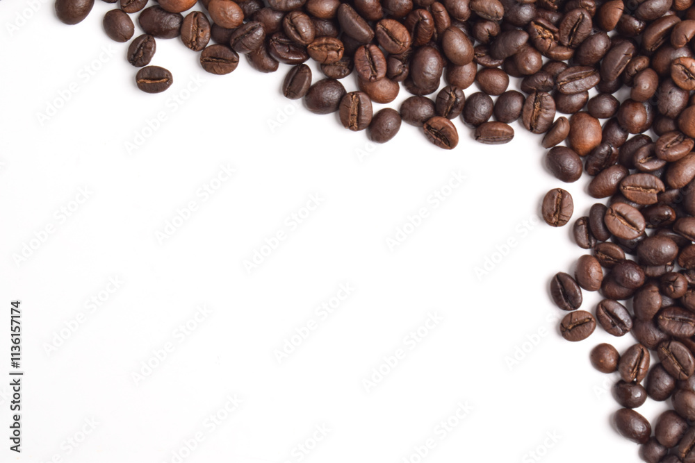 Coffee beans border on white background. Copy space for text Coffee beans border on white background. Copy space for text