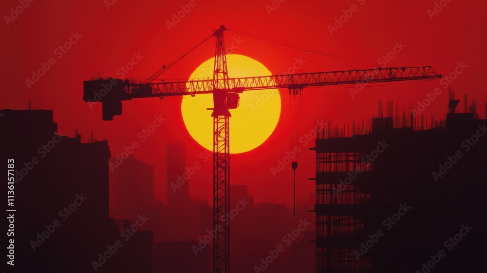 Naklejka premium A dramatic shot of a construction crane silhouetted against a vivid orange sunset, styled in an urban setting