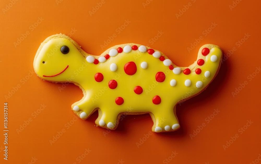 A dinosaur-shaped cookie with bright yellow icing and fun red polka dots dynamically hovering on a bold orange background A dinosaur-shaped cookie with bright yellow icing and fun red polka dots dynamically hovering on a bold orange background