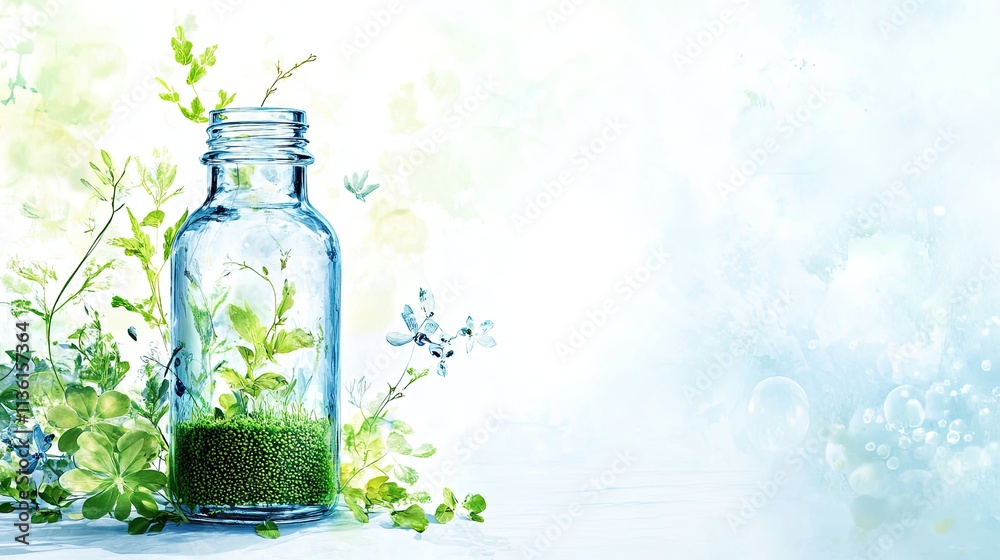Lush green plants thriving in glass bottles symbolize eco-consciousness and sustainable practices Lush green plants thriving in glass bottles symbolize eco-consciousness and sustainable practices